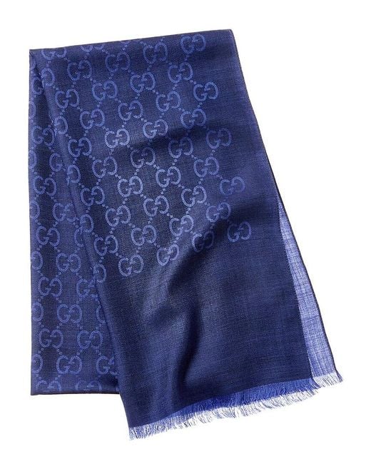 Gucci Blue Logo Small Jacquard Wool & Silk-blend Scarf