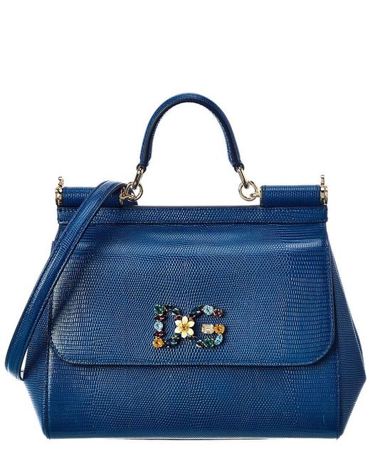 Dolce & Gabbana Blue Medium Iguana Print Calfskin Sicily Bag With Crystal Dg Logo Patch
