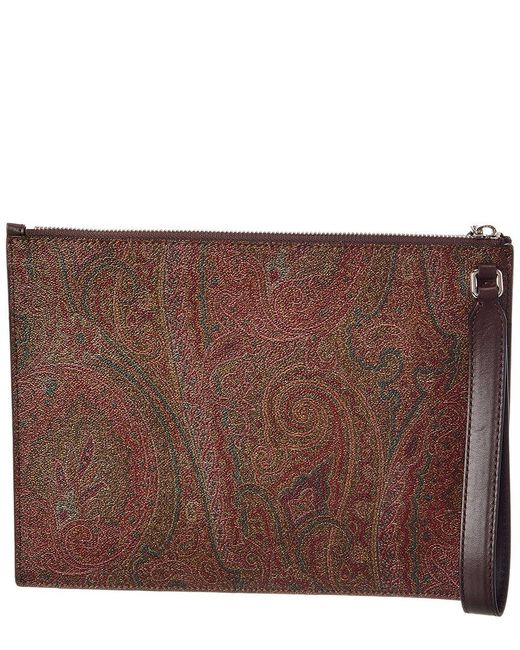 Etro Brown Coated Canvas & Leather Pouch for men