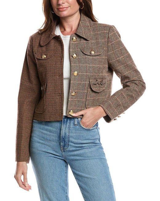 Avec Les Filles Brown Mixed Plaid Boxy Wool-Blend Blazer