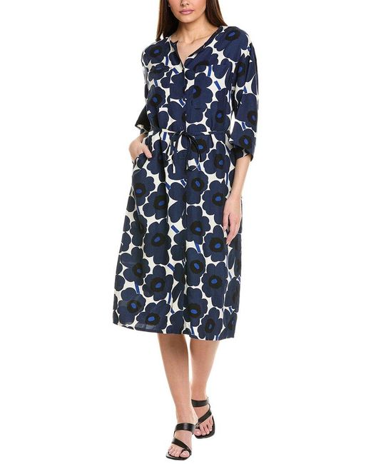 Marimekko Blue Markkinat Unikko Linen-Blend Maxi Dress