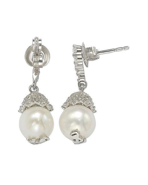 Suzy Levian White Silver 0.65 Ct. Tw. Sapphire & 8mm Pearl Drop Earrings