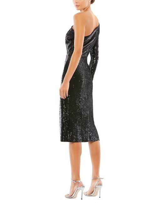 Mac Duggal Black Ruched Sequined One Shoulder Midi Dress