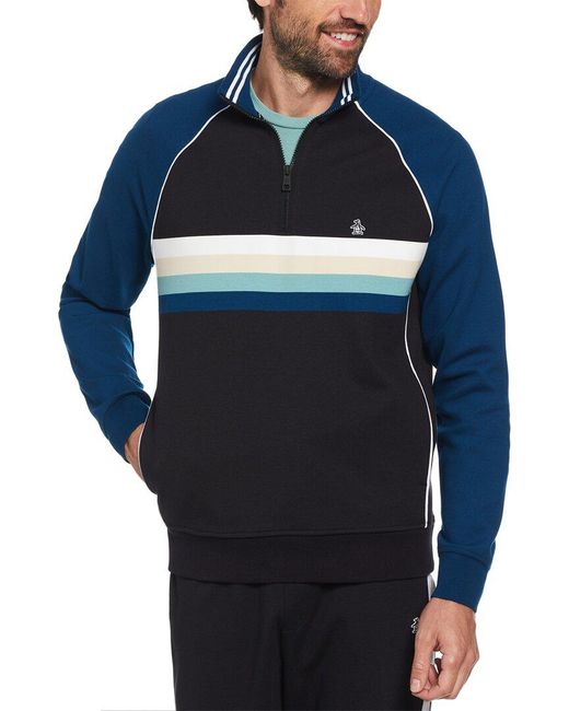 Original Penguin Blue 1/4 Zip Color Block Stripe Shirt for men