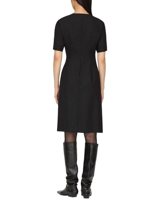 Lafayette 148 New York Black Short Sleeve Pleated Waist Wool-Blend Dress