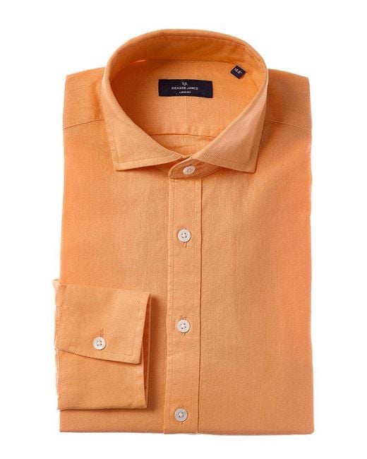 Richard James Orange Regular Collar Single Cuff Linen-Blend Dress Shirt for men