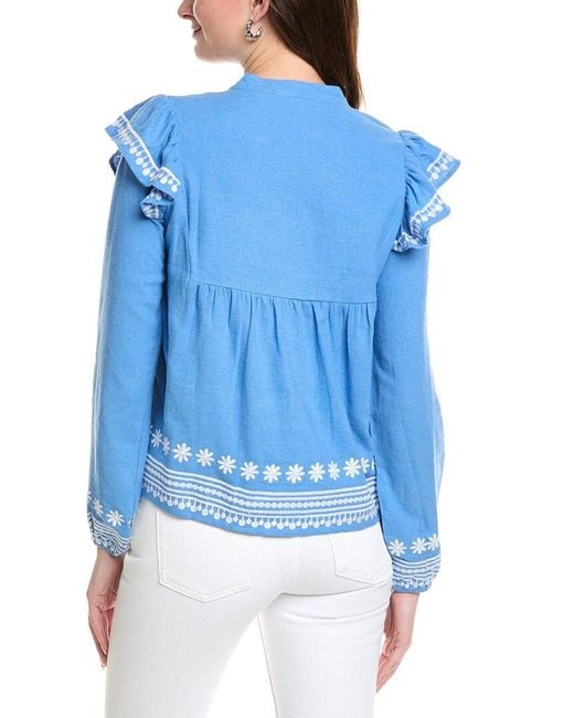Sail To Sable Blue Balloon Sleeve Linen-Blend Blouse