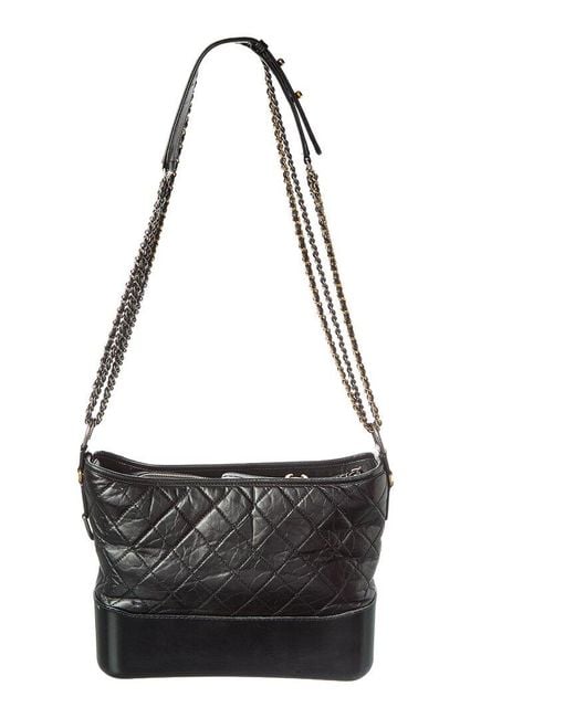 Chanel Black Smooth Calfskin Leather Aged Smooth Quilted Medium Gabrielle Logo Hobo (Authentic Pre-Loved)