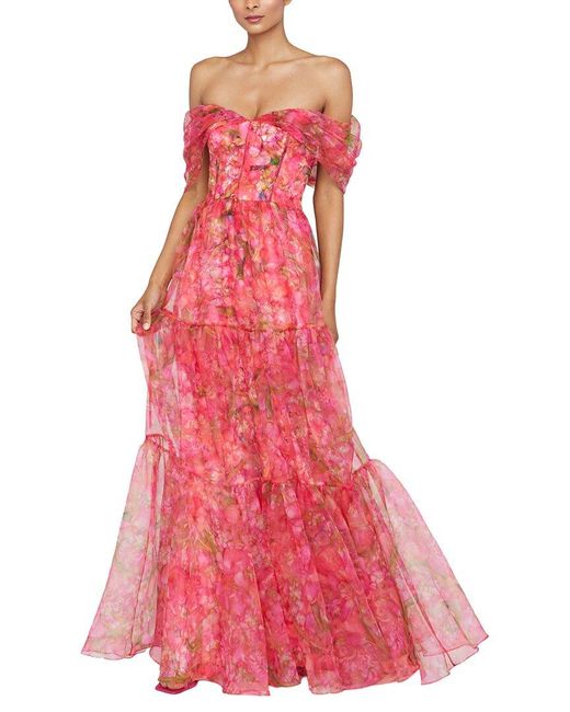 THEIA Pink Tia Off Shoulder Organza Gown
