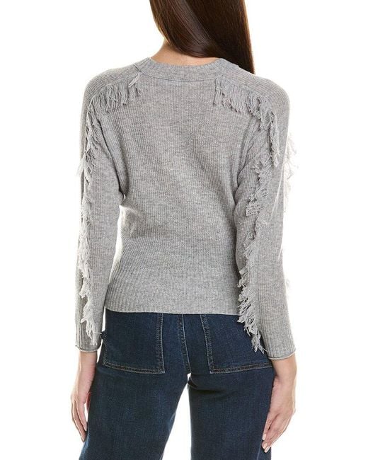 Hannah Rose Gray Fringe Sleeve Wool & Cashmere-Blend Sweater