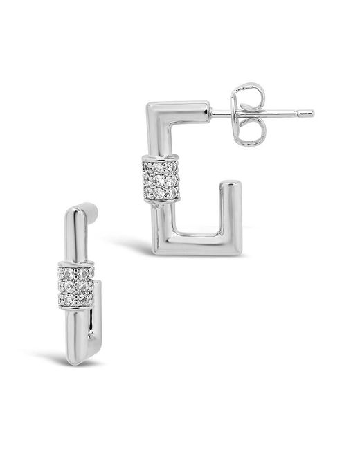 Sterling Forever White Rhodium Plated Cz Carabiner Hoops
