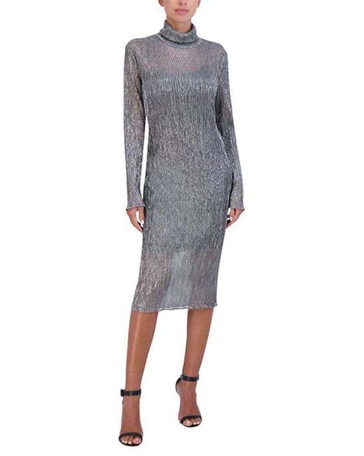 BCBGMAXAZRIA Gray Sheer Metallic Turtleneck Midi Dress