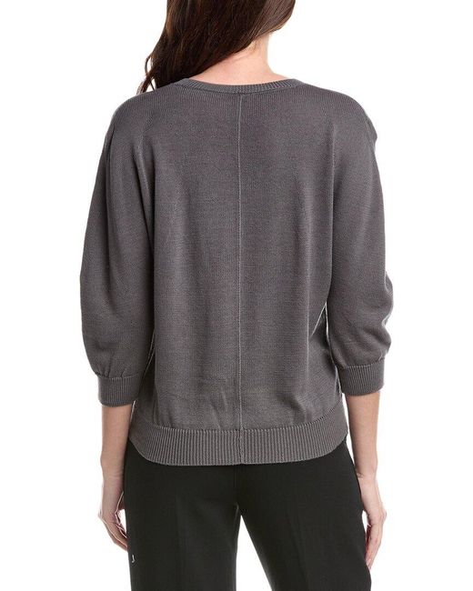 Lafayette 148 New York Gray V Neck Blouson Sleeve Silk Sweater