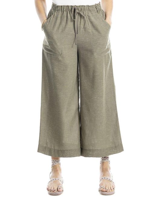 Max Studio Green Wide Leg Drawstring Linen-Blend Crop Pant