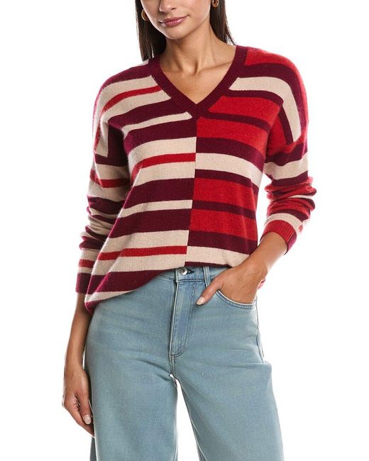 Minnie Rose Red Mix Stripe V-Neck Cashmere Sweater