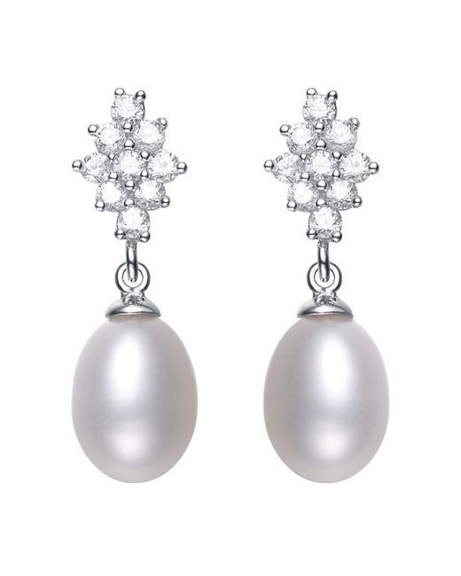 Genevive Jewelry White Silver Pearl & Cz Drop Earrings
