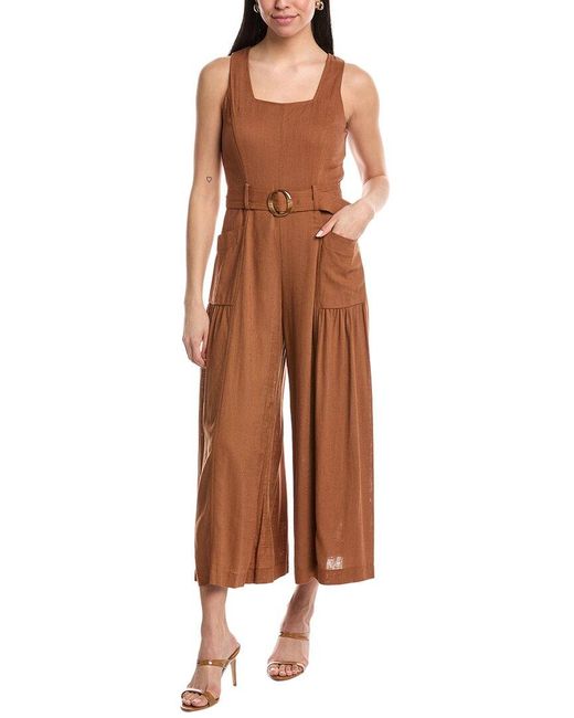 Maison Tara Brown Slub Linen-blend Jumpsuit
