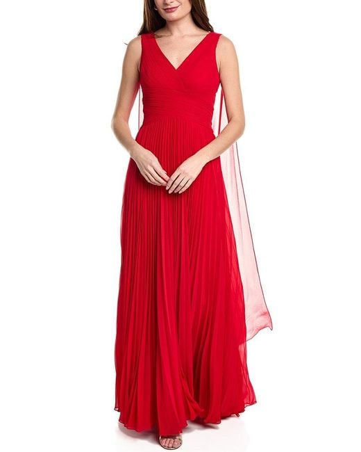 Teri Jon Red Pleated Chiffon Cape Gown