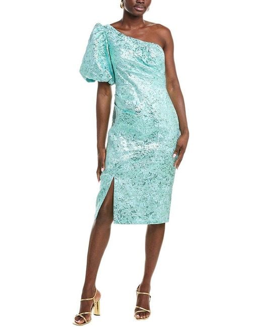 Rene Ruiz Blue One-Shoulder Metallic Jacquard Cocktail Dress