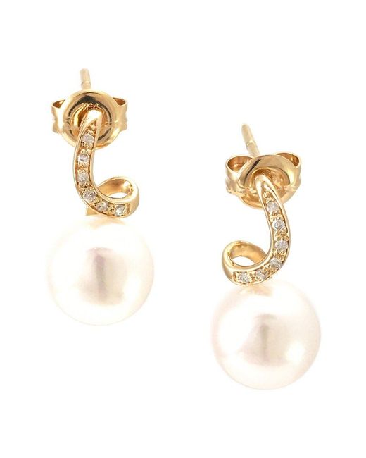 Gemstones Metallic 0.06 Ct. Tw. Diamond & 7-8Mm Pearl 14K Earrings