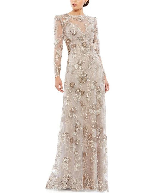Mac Duggal Natural Floral Embroidered Illusion Evening Gown
