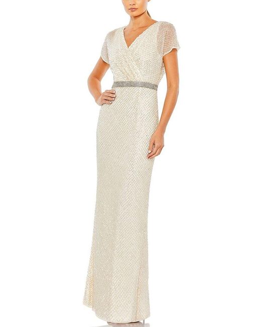 Mac Duggal White Beaded Butterfly Sleeve Column Gown