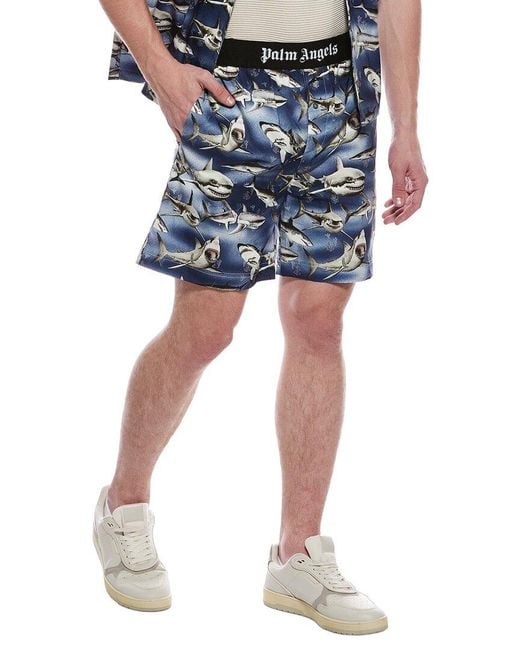 Palm Angels Blue Shark Print Short for men