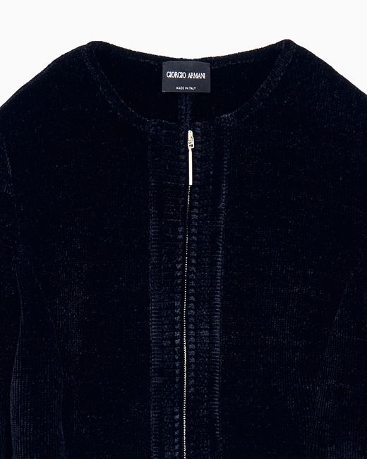 Giorgio Armani Blue Blazer Jackets Slim Fit Chenille Crew Neck Metal Zip