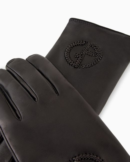 Giorgio Armani Black Nappa Leather Gloves With Embroidered Logo for men