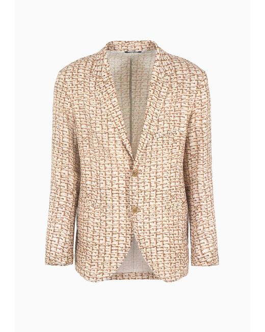 Giorgio Armani Natural Single-breasted Jacket In A Woven Print Linen for men