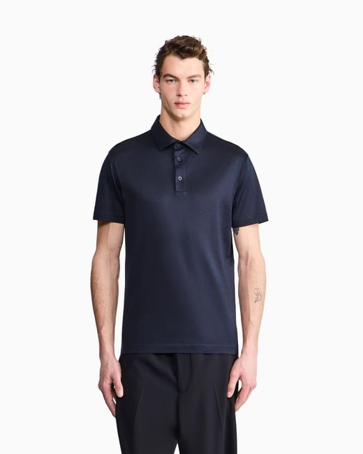 Giorgio Armani Blue Silk And Cotton-Mélange Jersey Polo Shirt for men