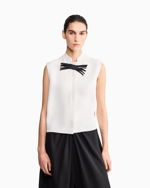 Giorgio Armani White Shirt Sleeveless Mandarin Collar Silk Cady Detachable Brooch