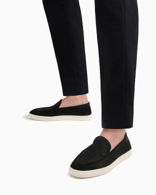 Giorgio Armani White Suede Slip On With Threading And Rubber Sole for men