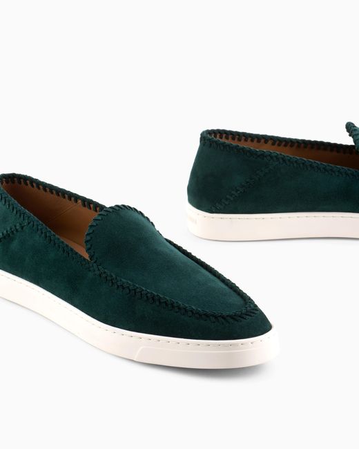 Giorgio Armani Green Suede Slip On With Threading And Rubber Sole for men