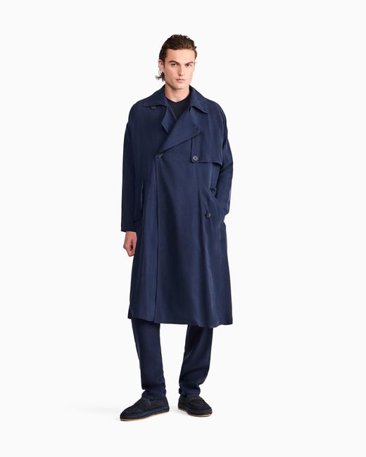 Giorgio Armani Blue Double-Breasted Washed Cupro Coat With A Belt Icon for men