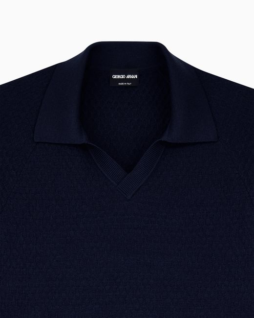 Giorgio Armani Blue Knit Polo Regular Fit Virgin Wool With Micro Rhombus Relief for men