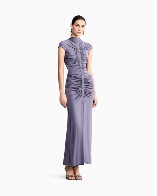Giorgio Armani Purple Shiny Viscose Jersey Long Dress With Gathered Detail