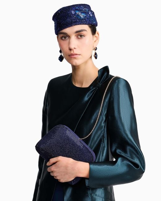 Giorgio Armani Purple Satin And Silk Clutch With Rhinestones And Chain Shoulder Strap