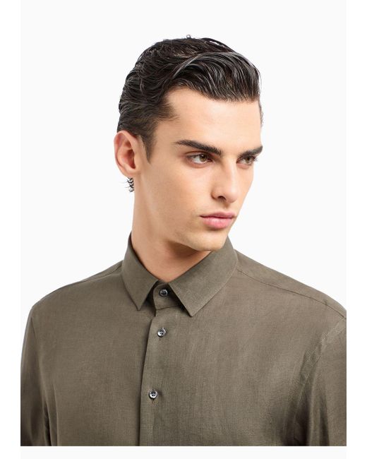Camicia Regular Fit In Lino di Giorgio Armani in Green da Uomo