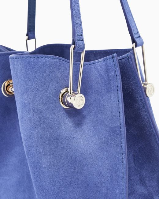 Giorgio Armani Blue Suede Bag With A Metal Bar And Leather Handles