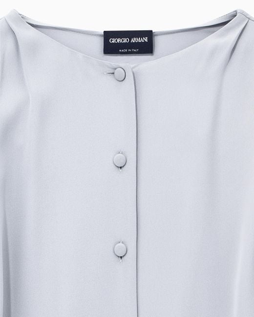 Giorgio Armani Blue Blouse Triple Silk Georgette Collarless With Pleats