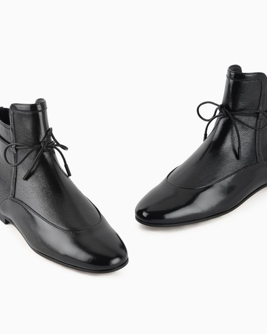 Giorgio Armani Black Textured Patent-Leather Ankle Boots