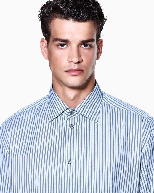Camisa Regular Fit De Algodón Con Rayas Giorgio Armani de hombre de color Blue