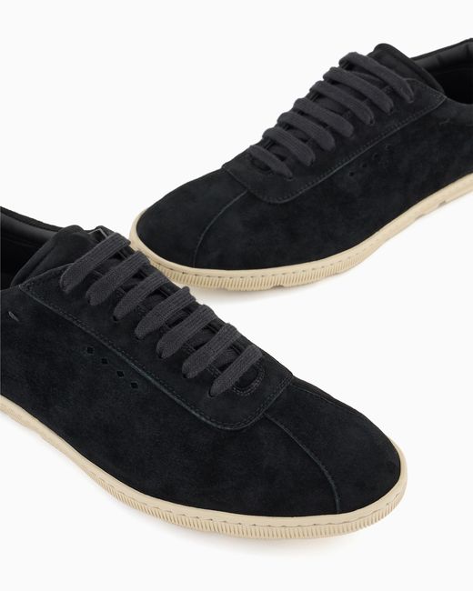 Giorgio Armani Black Low-Top Suede Lace-Up Sneakers With Rubber Sole for men