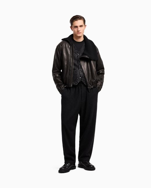 Giorgio Armani Black Nappa Leather Bomber Jacket With Wool Collar for men