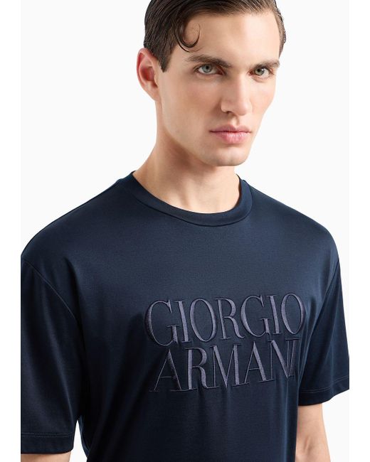 T-shirt Girocollo In Interlock Di Puro Cotone di Giorgio Armani in Blue da Uomo