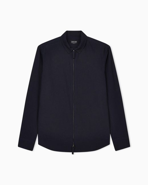 Giorgio Armani Blue Zipped, Cotton-Seersucker Shirt for men