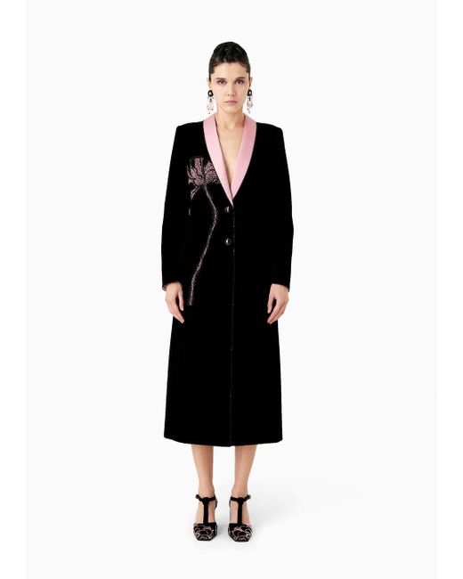 Giorgio Armani Black Single-breasted Velvet Coat With Floral Embroidery