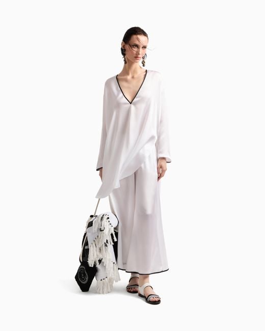 Camisa Larga En Satén De Seda Giorgio Armani de color White