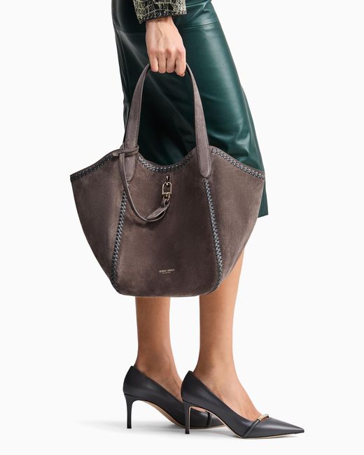 Giorgio Armani Gray Medium Suede Handbag With Threading